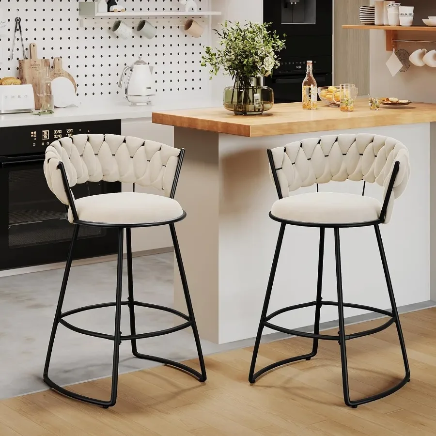

Andeworld Barstools Set of 2 24 Inch Velvet Counter Height Bar Stools Woven Back Barstools with Metal Leg and Footrest Bar Chai