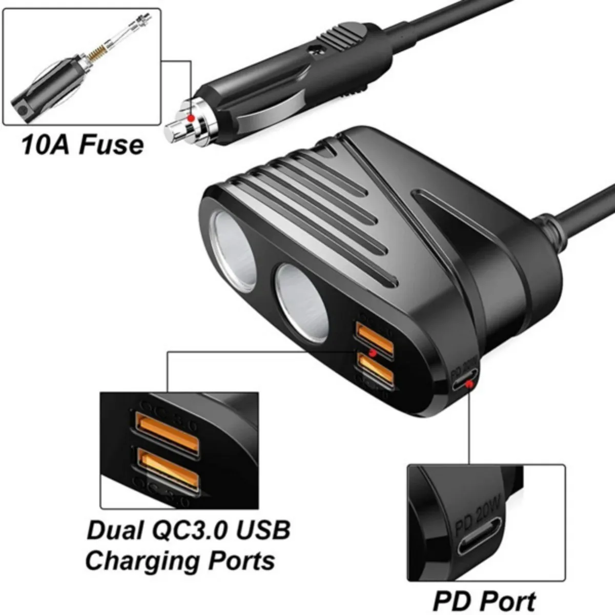 Car Charger 120W 2-Way Cigarette Lighter Splitter 12V Power Adapter Socket Extension With Dual USB Auto Accessories