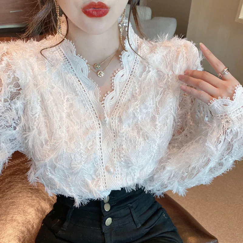 Vintage V-neck Long Sleeve Lace Blouse Women Tops Tassel White Shirts Blusas Hollow Out Lace Flowers Ladies Blouses Shirts 16095