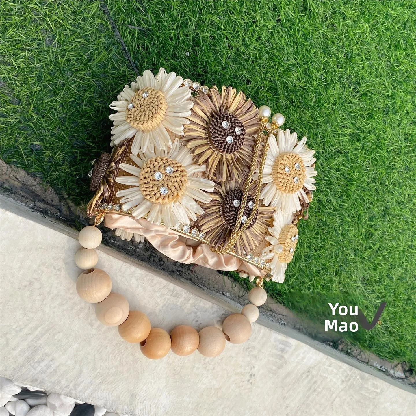 Sweet Suower Hanrted Beaded iny حجر الراين سلسلة Buet حقيبة يد تصميم الأزهار الفتيات حقيبة Faion عادية