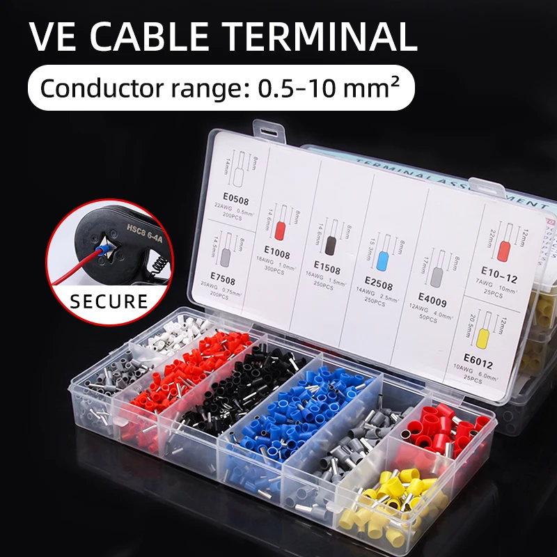 1200pcs E0508/E7508/E1008 VE Wire Connectors Kit Cable Terminals Ferrules Tubular Crimp Terminals Electrical Connectors