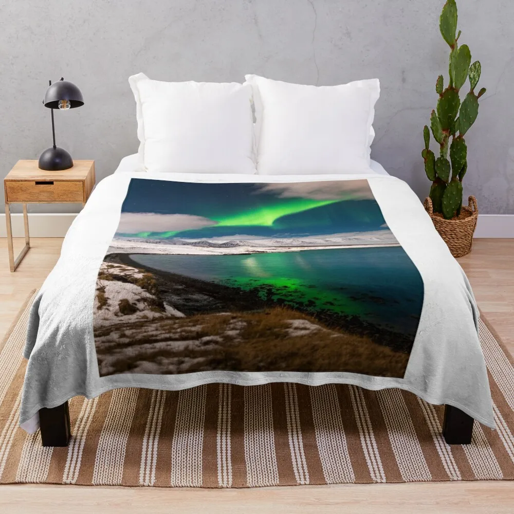 Northern light in Iceland over Eyjafjordur fjord Throw Blanket Blankets For Sofas Giant Sofa Personalized Gift Blankets