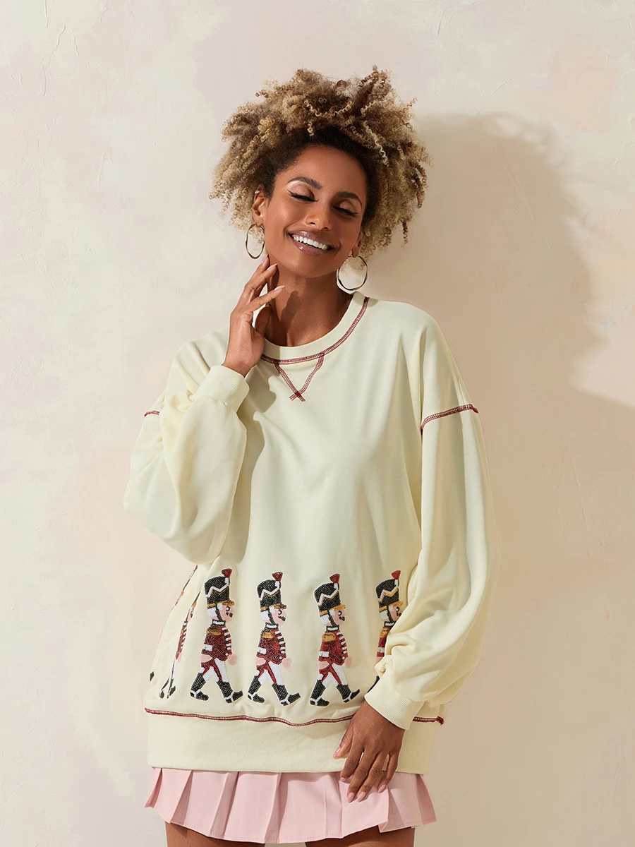 여성용 스팽글 만화 맨투맨, 대비 색상 스티칭, 긴 소매 라운드 넥, 캐주얼 풀오버 상의