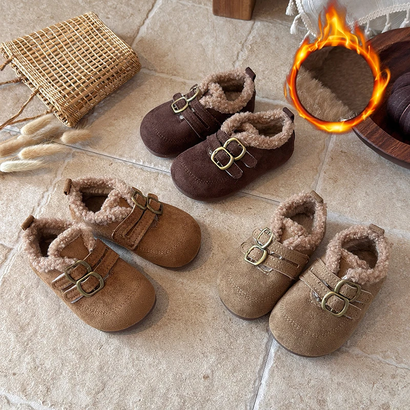 Kids Fleece Lined Casual Shoes Toddler Double Hook and Loop Warm Suede Like Autumn Winter Walking Shoes for Boys Girls