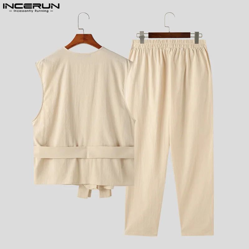 INCERUN 2024 American Style Sets Casual New Men Sleeveless Cardigan Pant Solid Simple Sleeveless Streetwear Two-piece Sets S-5XL