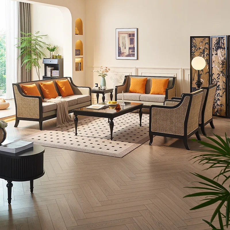 

Compact Versatile Customizable French Retro Rattan Solid Wood Sofa