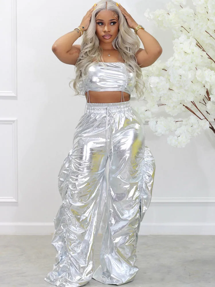 Gold Sliver Metallic Birthday Outfits for Women Two Peice Sets Club Party Crop Top and Pants Streetwear Hip Hop Festival Outfit