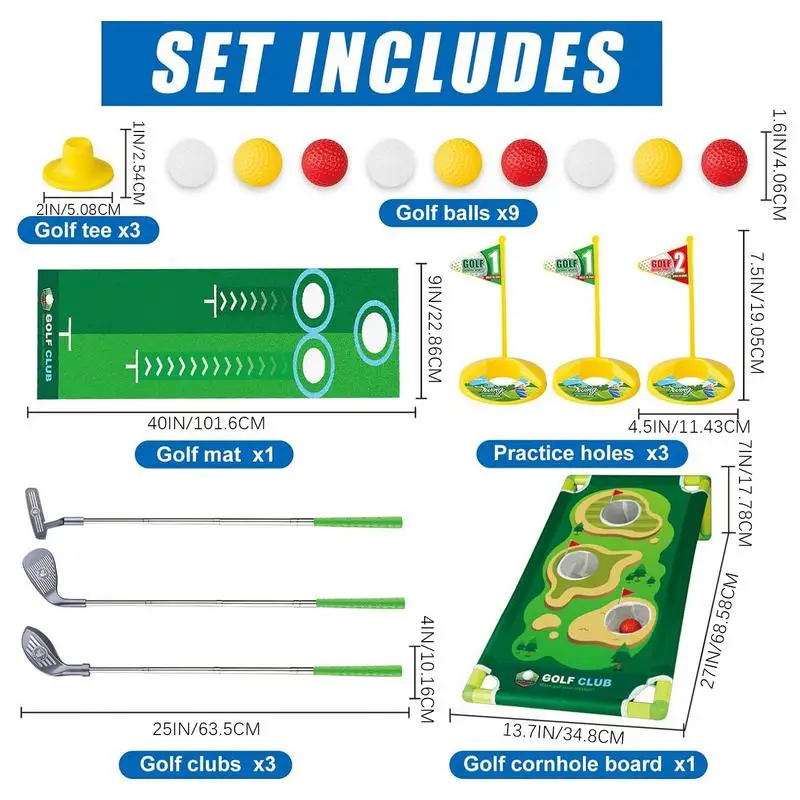مجموعة نادي الجولف للأطفال، لعبة جولف قابلة للتعديل مع حصيرة وضع ألعاب الجولف مع فتحة ممارسة، لعبة رياضية ممتعة قابلة للسحب