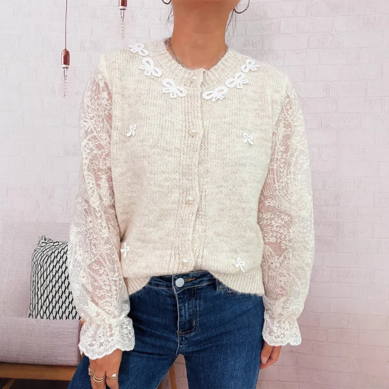 Autumn and Winter Elegant Commuting Lace Sleeve Spliced Bow Knitted Button Sweater Cardigan