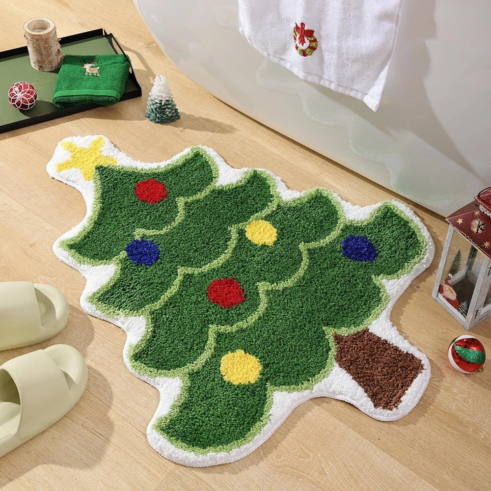 

40cmX60cm Christmas Tree Shape Floor Mat Non-slip Entrance Door Bedroom Bath Toilet Mat Carpet New Year Gift Home Decoration
