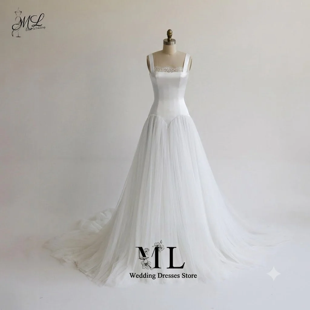 ML Gorgeous Satin&Lace Trim Square Neck Wide Straps Basque Waist A-Line Floor-Length Formal Vestido De Novia 2026 Customized