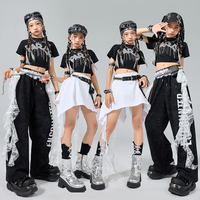 

Новая одежда для джазовых танцев Kpop, сценический наряд, детский черный укороченный топ, белая юбка, брюки в стиле хип-хоп, модная одежда для девочек AMY2325
