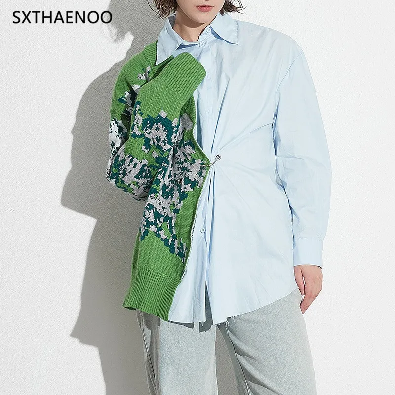 

SXTHAENOO Designer Patchwork Knit Casual Loose Blouses For Women Lapel Long Sleeve Spliced Button Colorblock Shirts Female 2025