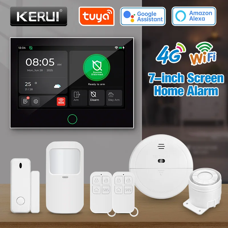 

KERUI WiFi GSM 4G Tuya Smart Life Беспроводная система сигнализации Домашняя безопасность Управление приложением Защита от взлома с 7-дюймовым сенсорным экраном