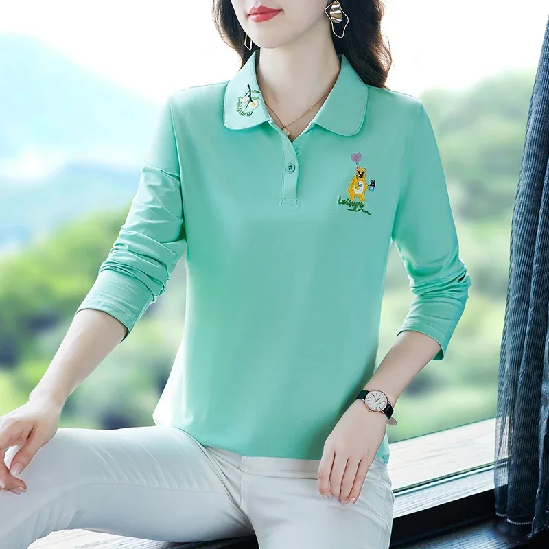 Embroidered Flower Long-sleeved T-shirt Sexy Polo Shirts Woman Sleeve Women Ladies Elegant T-shirts Cotton Luxury Clothes Golf