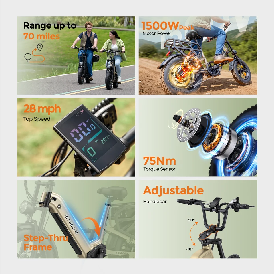 ENGWE L16 750W Electric Bike, 1500W Peak, 48V 18Ah, 28 MPH, 70-Mile Range, 16x4 Fat Tires, Hydraulic Disc Brakes, 7-Speed image 4
