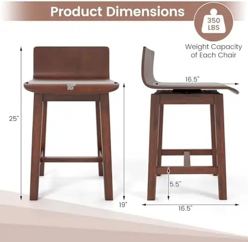 Swivel Solid Wood Dining Stools Set of 2, 19-inch Counter Height Chairs with Low Back, Footrest, Farmhouse Wooden view 3