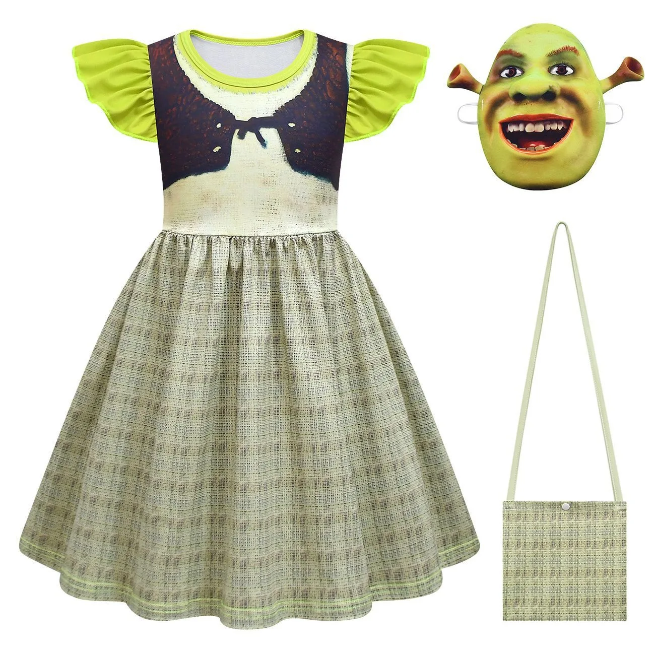 Fiona Shrek Girl Dress Halloween Children\'s Cartoon Fiona Shreks Clothes Cosplay Costume Kids Flying Sleeve Dress+bag+mask