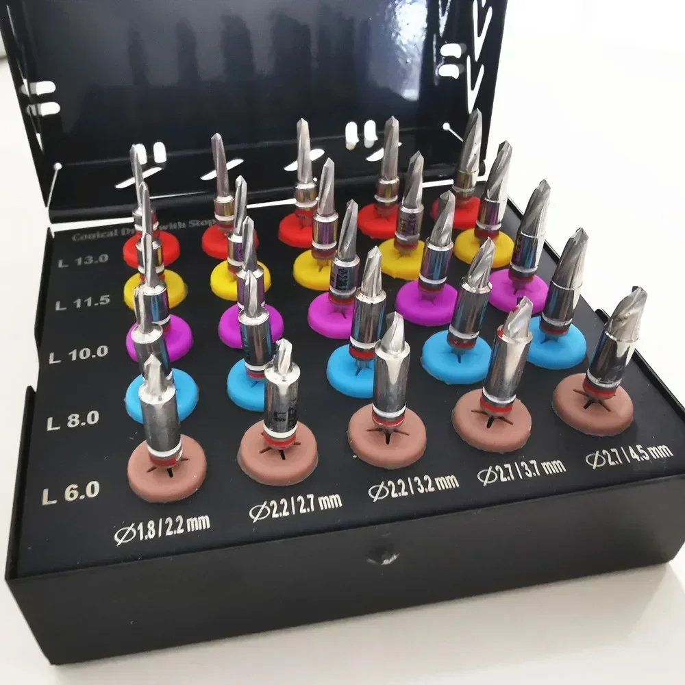 1Set Dentals Implants Conical Drills Surgical Black Coated Kit 25 Pcs With Stopper