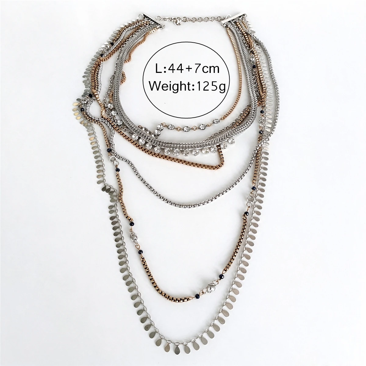 Vintage Punk Multi-strand Layer Necklace Women Bohemian Statement Mixed Tone Metal Oval Disc Pendant Rhinestone Beaded Necklace