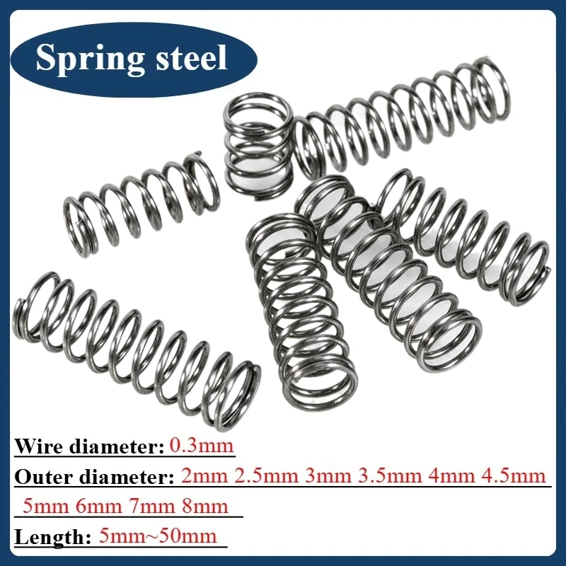 10Pcs/Lot Spring Steel Compression Spring Wire Dia 0.3mm Outside Dia 2/2.5/3/3.5/4/4.5/5/6/7/8mm Length 5~50mm Pressure Spring