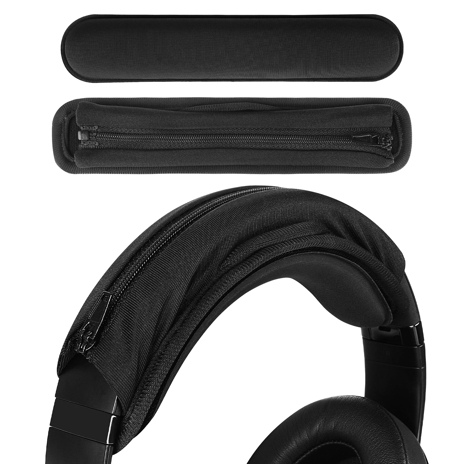 Geekria Medium Cooling-Gel Hook and Loop Headband Cover + Headband Pad Set/Headband Protector With Zipper No Tool Needed (Black)