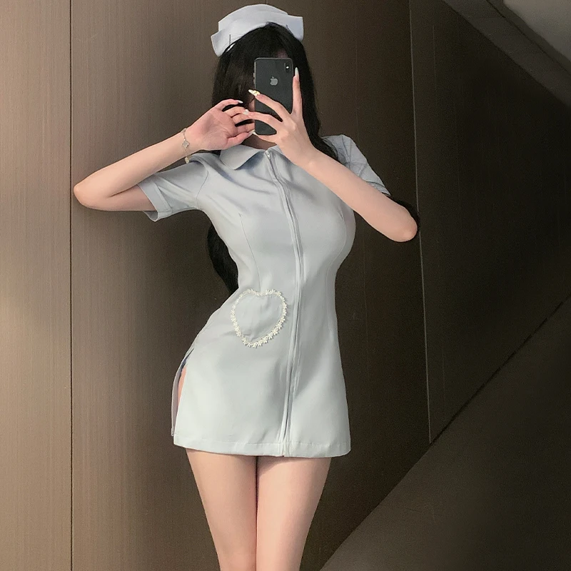 Plus Size Sexy Nurse Cosplay Costume Front Zipper Mini Dress Lace Pocket Side Slit Uniform Women Halloween Party Roleplay Outfit view 2