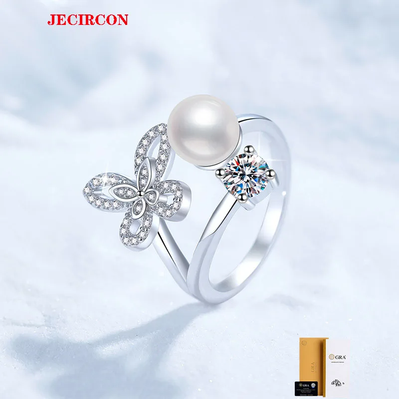 

JECIRCON S925 Sterling Silver Moissanite Ring for Women Natural Freshwater Pearl Butterfly Shape Light Luxury Adjustable opening