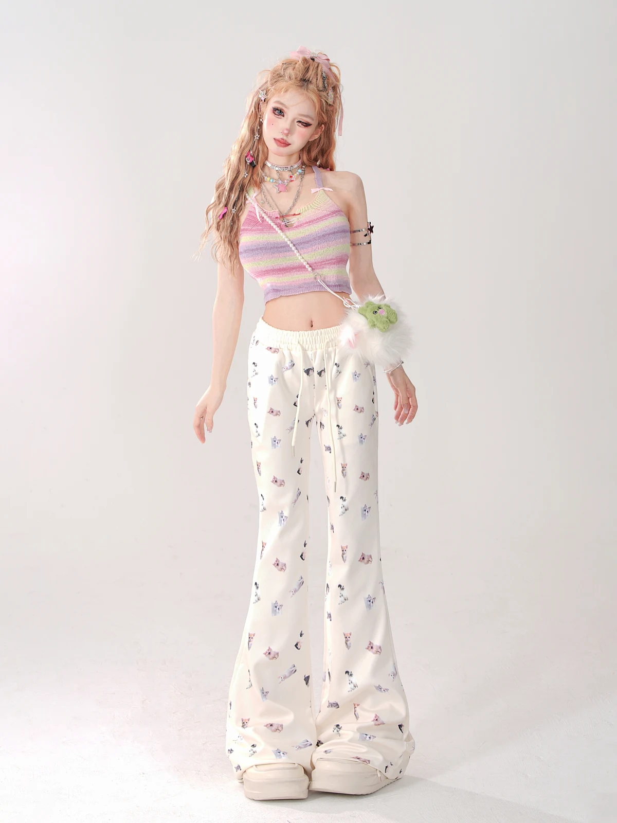 2024 Summer New Fashion Slim-Fit Casual Pants Girly Sweet Y2K Animal Print Kawaii Wide Leg Pants Women Elegant All-Match Pants