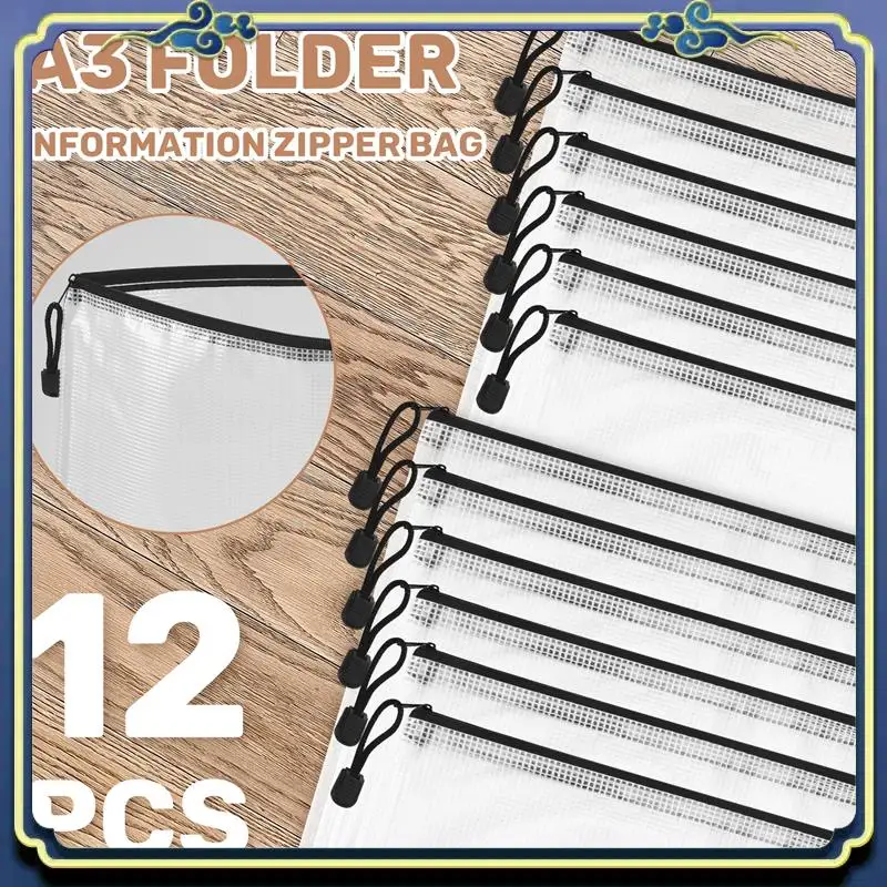 Teczka A86P-12PCS A3, plastikowa teczka z zamkiem błyskawicznym, siatkowa teczka na dokumenty, portfel z zamkiem błyskawicznym