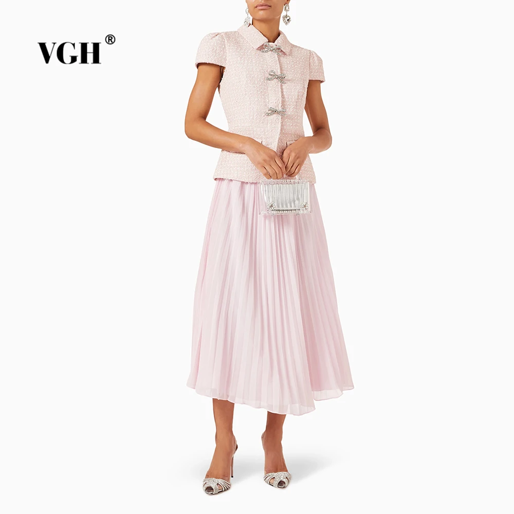 

VGH Office Two Piece Set for Women Lapel Short Sleeve Patchwork Bow Tweed Top Pleated A Line Skirt Temperamental Suit Female New