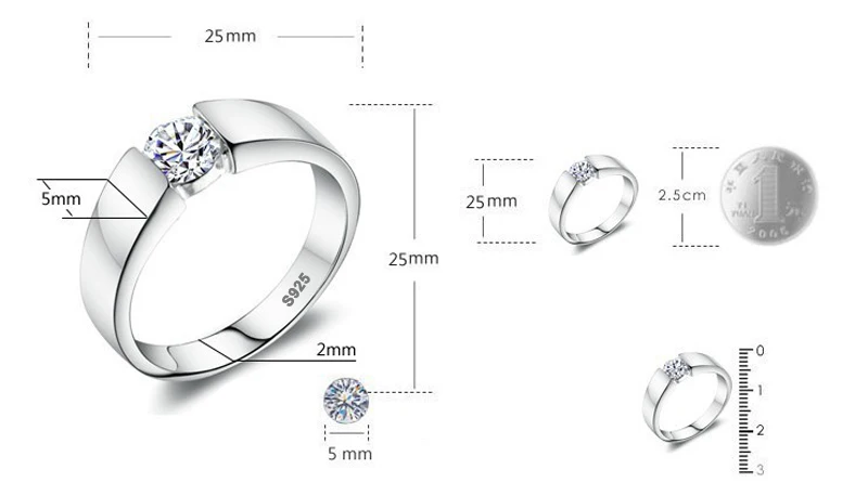 YANHUI Simple 925 Sterling Silver Ring Round Solitaire 1Ct Zircon Wedding Jewelry Ring For Women Men Get Free Earrings Gift