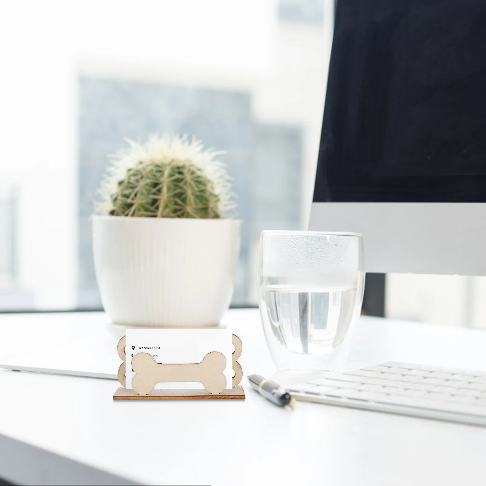 حامل بطاقات عمل على شكل عظمة، منظم مكتب خشبي، حامل بطاقات مدمج لقاعدة عرض رف تخزين طاولة المكتب #4