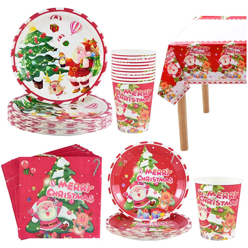 Merry Christmas Disposable Tableware Set Santa Claus Elk Paper Cups Plates Napkins Tablecloth Banner for Home New Year Navidad