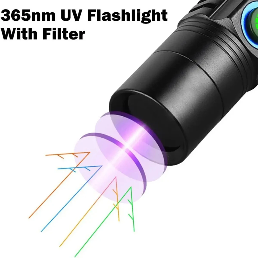 Powerful LED Flashlight 365nm UV Light Torch USB Rechargeable Ultraviolet Black Light Lantern For Pet Urine Stains Inspection