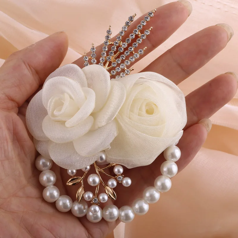 Elegant Ivory Crystal Rose Boutonniere Bridal Wrist Flower Cocktail Prom Corsage Set Wedding Essential for Lapel or Wrist