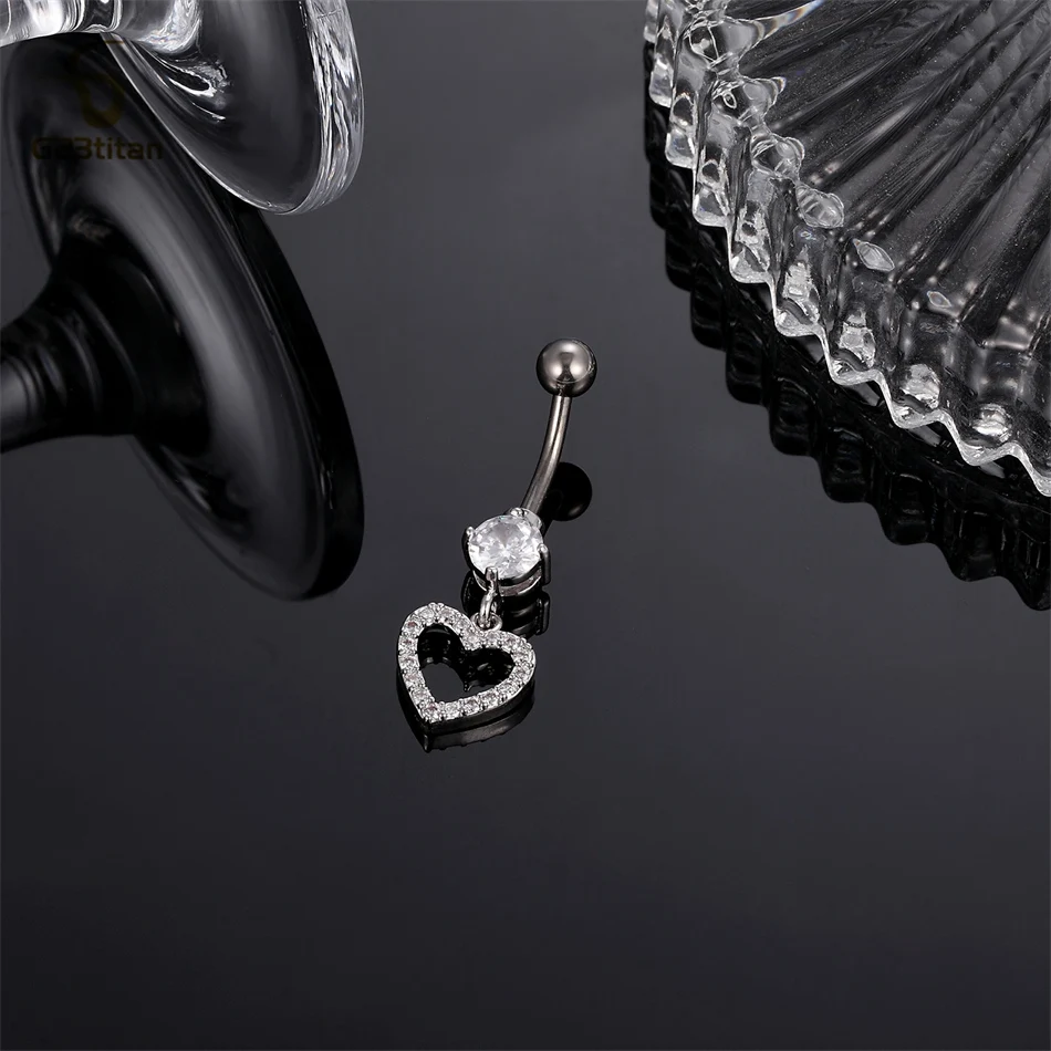 G23titan Crystal Heart Dangle Belly Ring 14G Surgical Titanium Nombril Ombligo Navel Piercing Bar Sexy Women Body Accessories