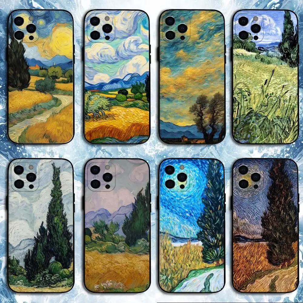 

Van Gogh Cypress Wind Phone Case For iPhone17,16,15,14,13,12,11 Plus,Pro Max, Soft Silicone Black Cover