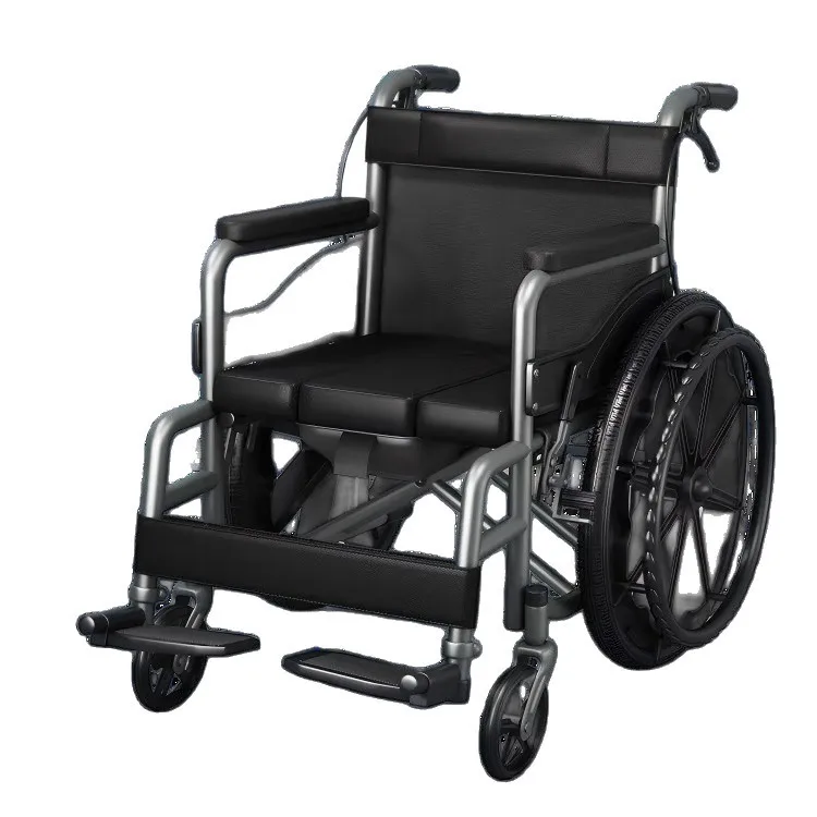 Manual Folding Wheelchair Portable Lightweight Mobility Aid with Commode and Leg Elevation for Elderly and Disabled