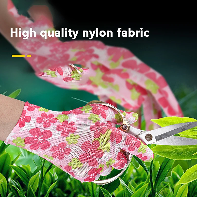 1Pair Women Garden Gloves Work Printed Pink Polyester Pink Latex Work Non-slip Safety Gloves For Mechanic Construction Tool