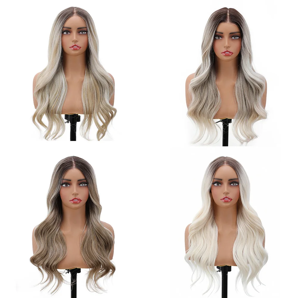 

26-дюймовые синтетические парики спереди, длинные волнистые многослойные Т-образные кружевные парики, фортепиано, платиновый блондин, термостойкий парик для косплея