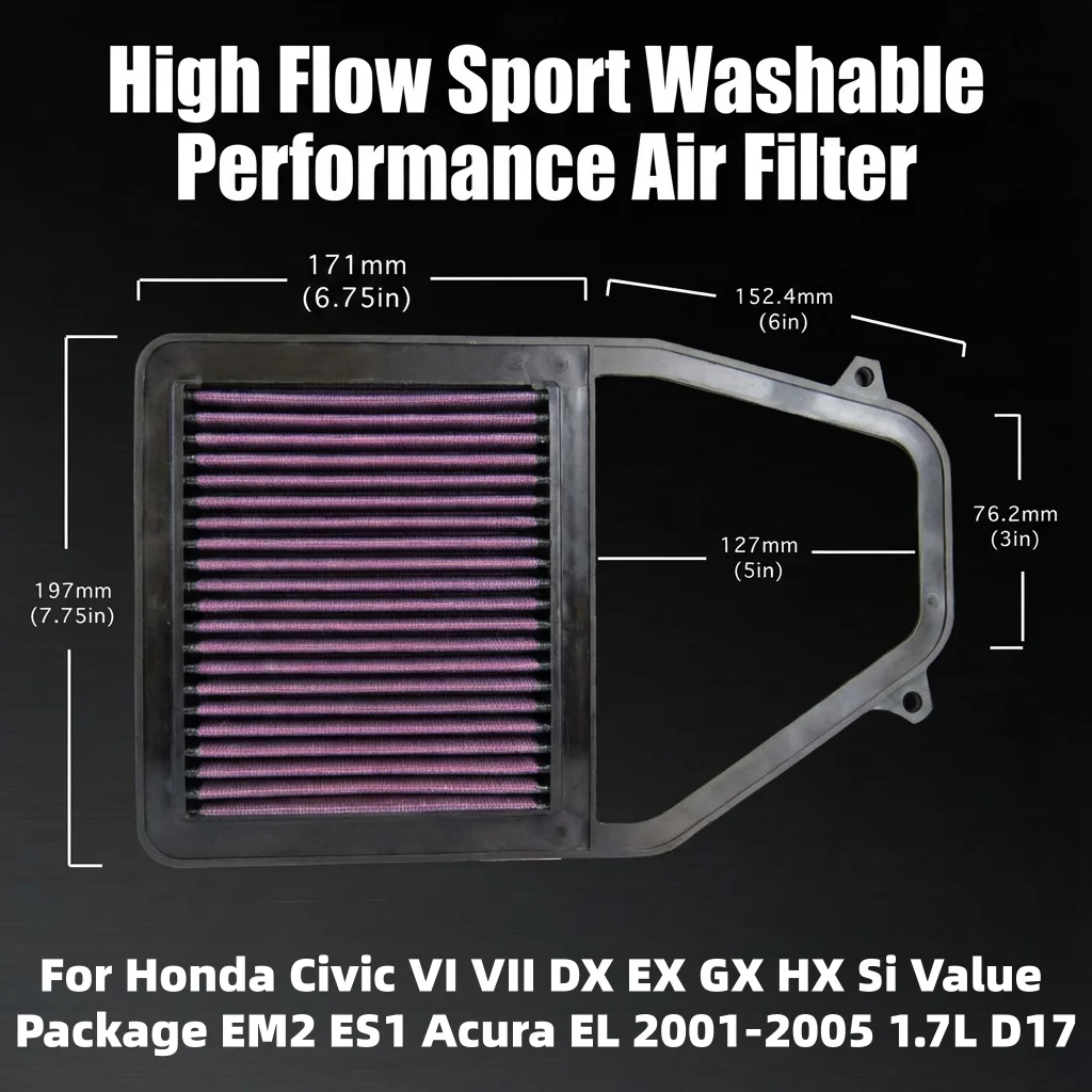 High Flow Washable Sport Air Filter For Honda Civic VI VII DX EX GX HX Si EM2 ES1 Acura EL 2001-2005 1.7L D17 Gas Engine 33-2192