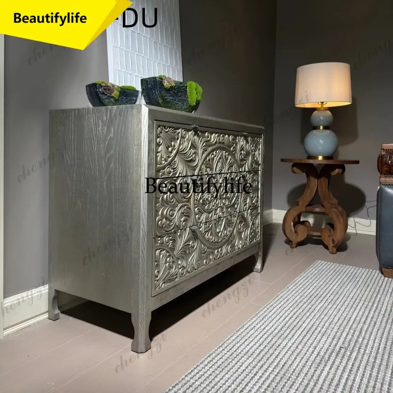 

A17 American classic full solid wood carving flower chest cabinet, carved entrance cabinet French retro high-end dining side cab
