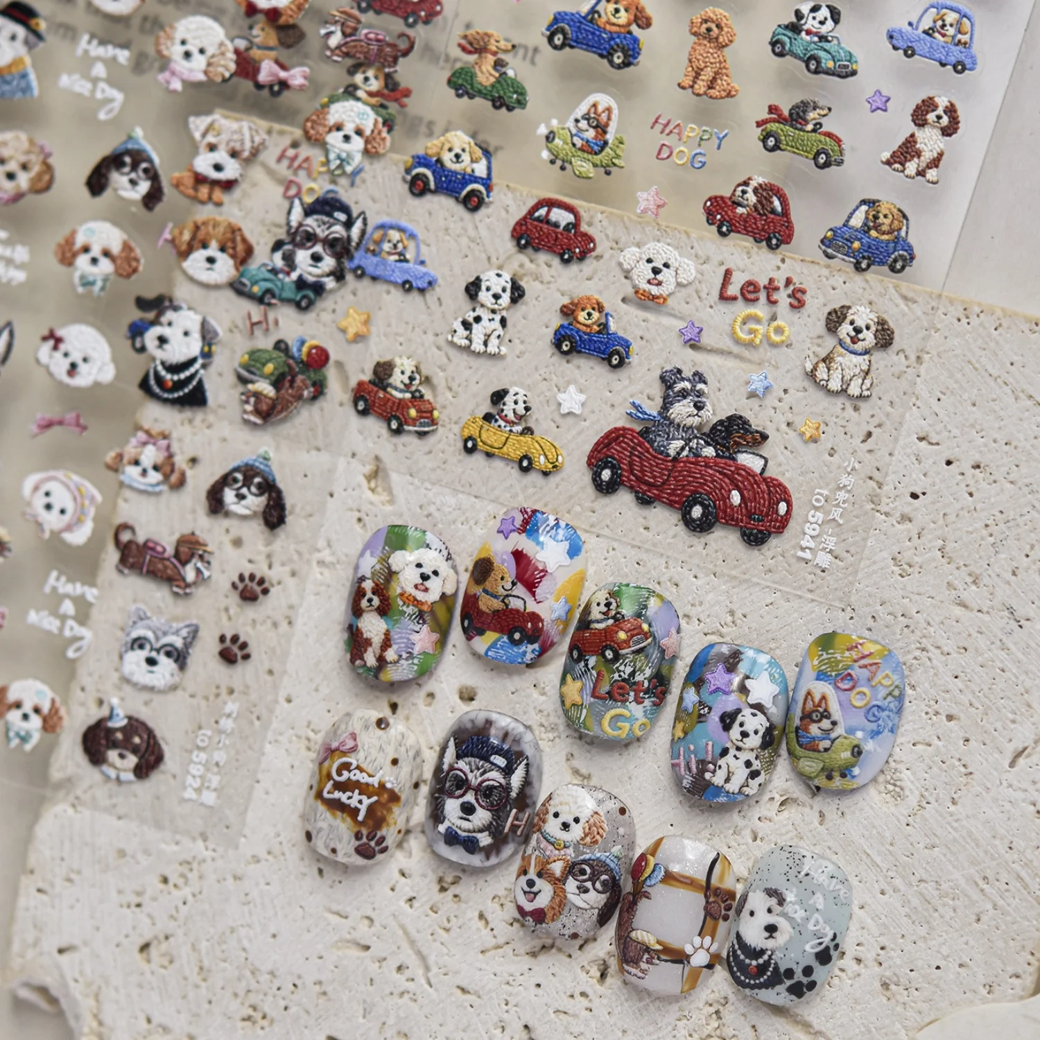 Cute Road Trip Puppy Car 5D Nail Stickers Embroidery Retro Cartoon Dog Automobile Star Decals Fun Travel Pet Self Adhesive DIY
