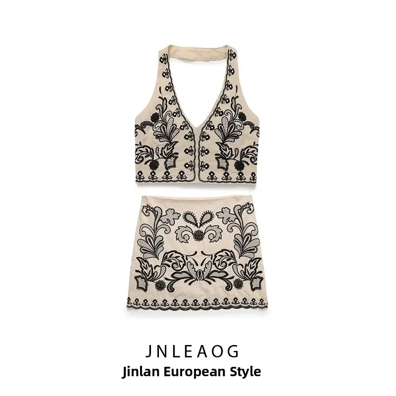 

JNLEAOG Summer New Women's Fashion Embroidered Collar Short Top Stylish Versatile Neck Hanging Design Polyester Fabric Set