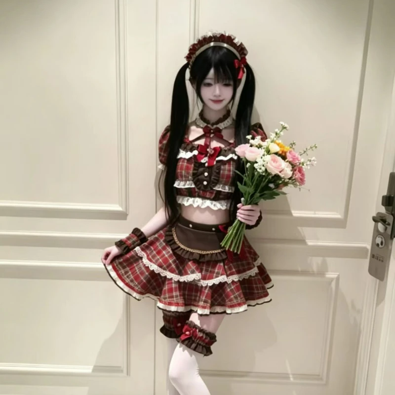 Japanese Gothic Y2k Lolita Style Skirt Set Women Sweet Lace Plaid Short Tops Cute High Waist Mini Cake Skirt Harajuku Y2k Outfit
