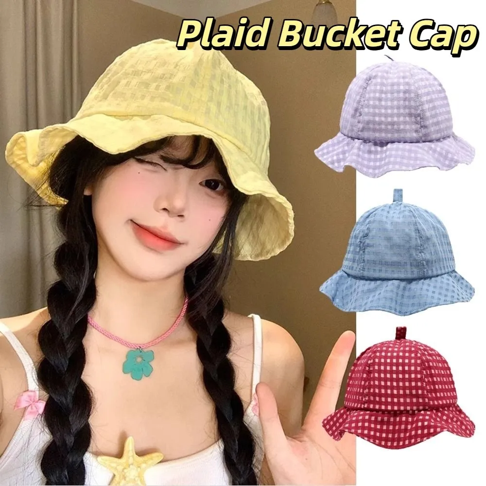 

Ins Japanese Plaid Bucket Cap Summer Versatile Fisherman Caps Sweet Short Brim Women's Sun Hat Girls