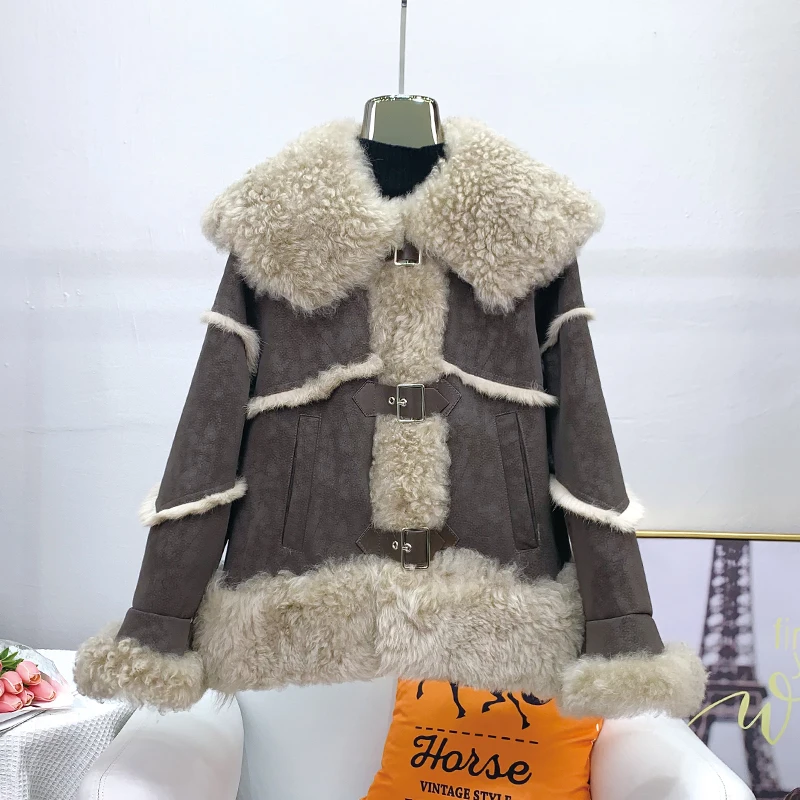 Abrigo de piel de conejo para mujer, Chaqueta corta cálida con cuello de lana, JT3155, novedad de 2023