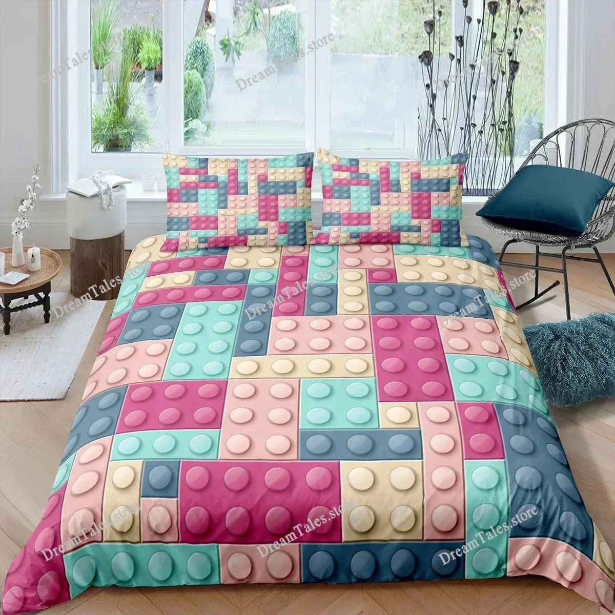 Colorful Blocks Duvet Cover KingQueen Size,Building Toy Bedding Set Kids Boys Girls Orange Blue Fun Brick Polyester Quilt Cover