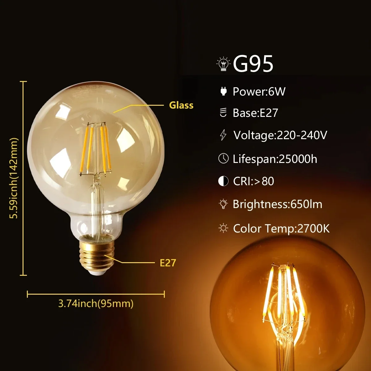 LED retro Edison filament lamp 220V G80 G95 G125 E27 strobe free warm white light suitable for bar shopping mall home lighting